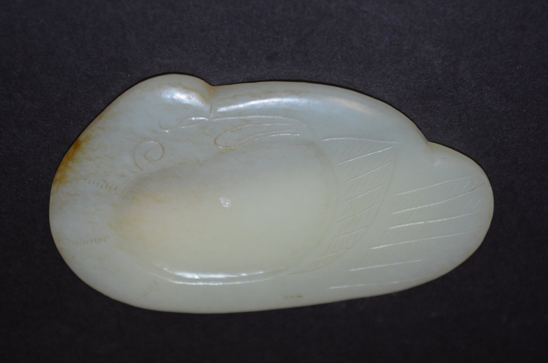 Chinese Carved White Jade Brush Washer in the form of a: Chinese Carved White Jade Brush Washer in the form of a Stylised Swan. L: 3 3/4 Inches