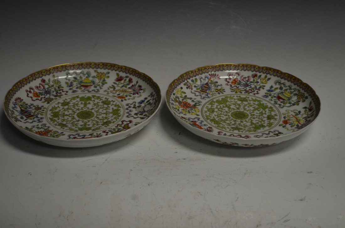 Pair of Chinese Famille Rose Porcelain Plates: Pair of Chinese Famille Rose Porcelain Plates with Eight Buddhist Symbols. D: 9 1/2 inches