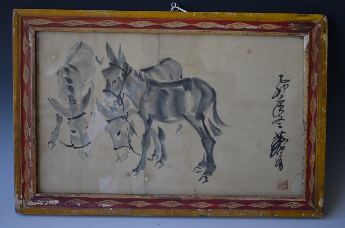 Framed Painting of Three Donkeys signed Huang Zhou: Framed Painting of Three Donkeys signed Huang Zhou. Size: 16 1/2 Inches by 10 Inches