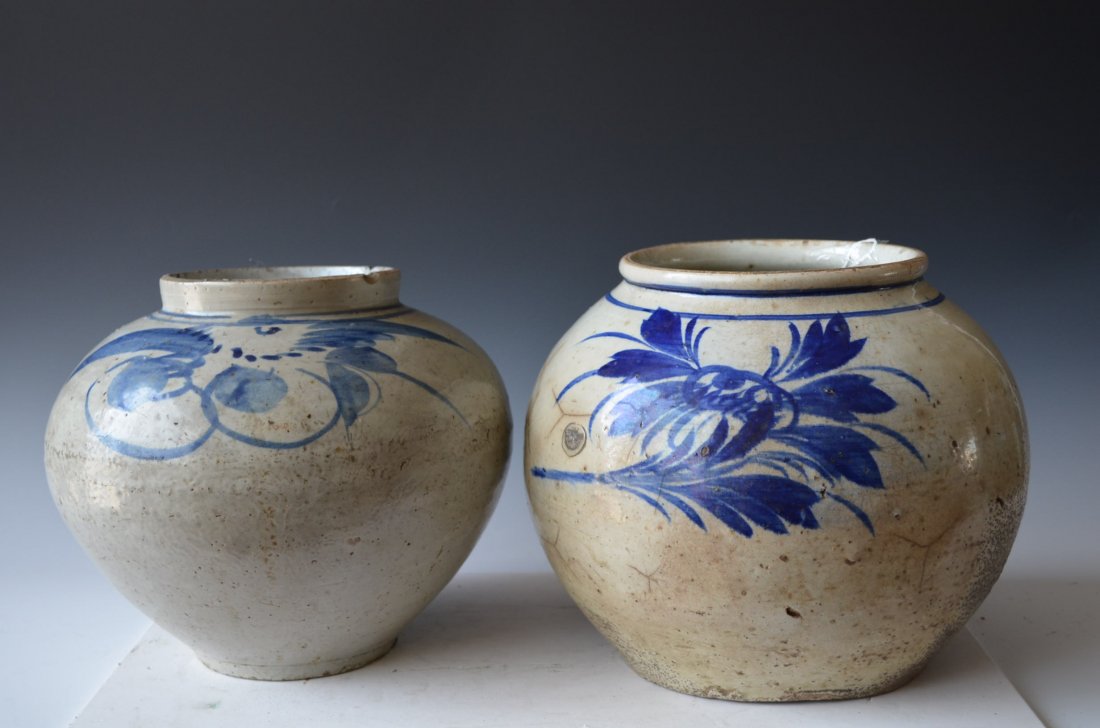 Two Antique Korean Blue & White porcelain Vases: Two Antique Korean Blue & White porcelain Vases D: 10 Inches