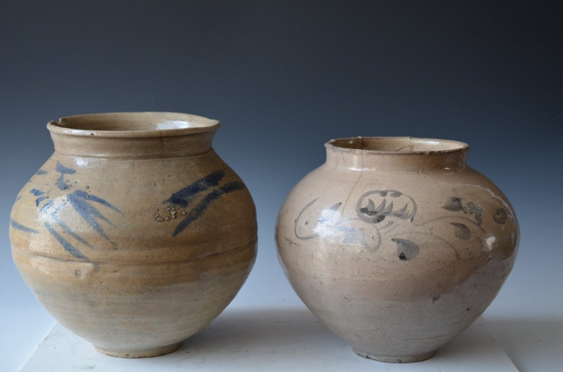 Two Antique Korean Cream glaze Blue & White porcelain V: Two Antique Korean Cream glaze Blue & White porcelain Vases D:10 Inches (larger)