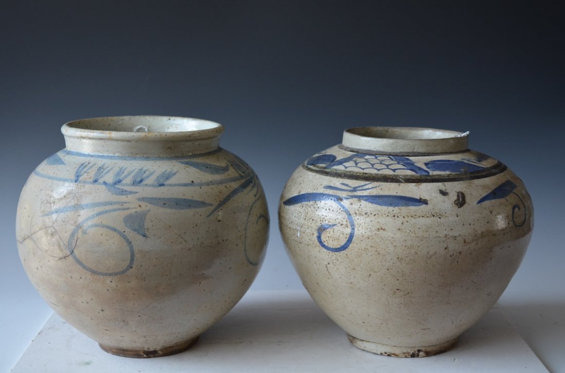 Two Antique Korean Blue & White porcelain Vases: Two Antique Korean Blue & White porcelain Vases, D:9.5 Inches (larger)