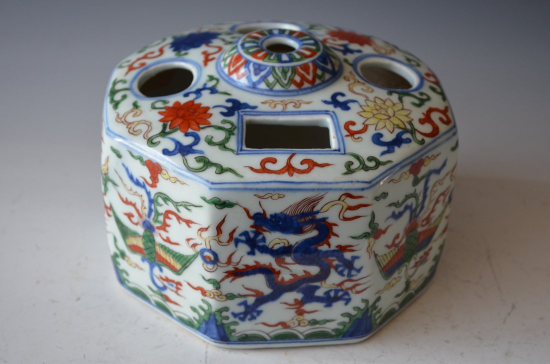 Chinese Wucai Dragon & Phoenix Porcelain Incense Burner: Chinese Wucai Dragon & Phoenix Porcelain Incense Burner. D: 7 Inches