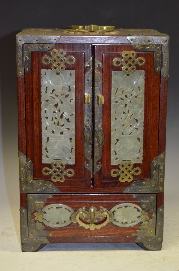 Chinese Carved Rosewood and Jade Jewelry Box: Chinese Carved Rosewood and Jade Jewelry Box