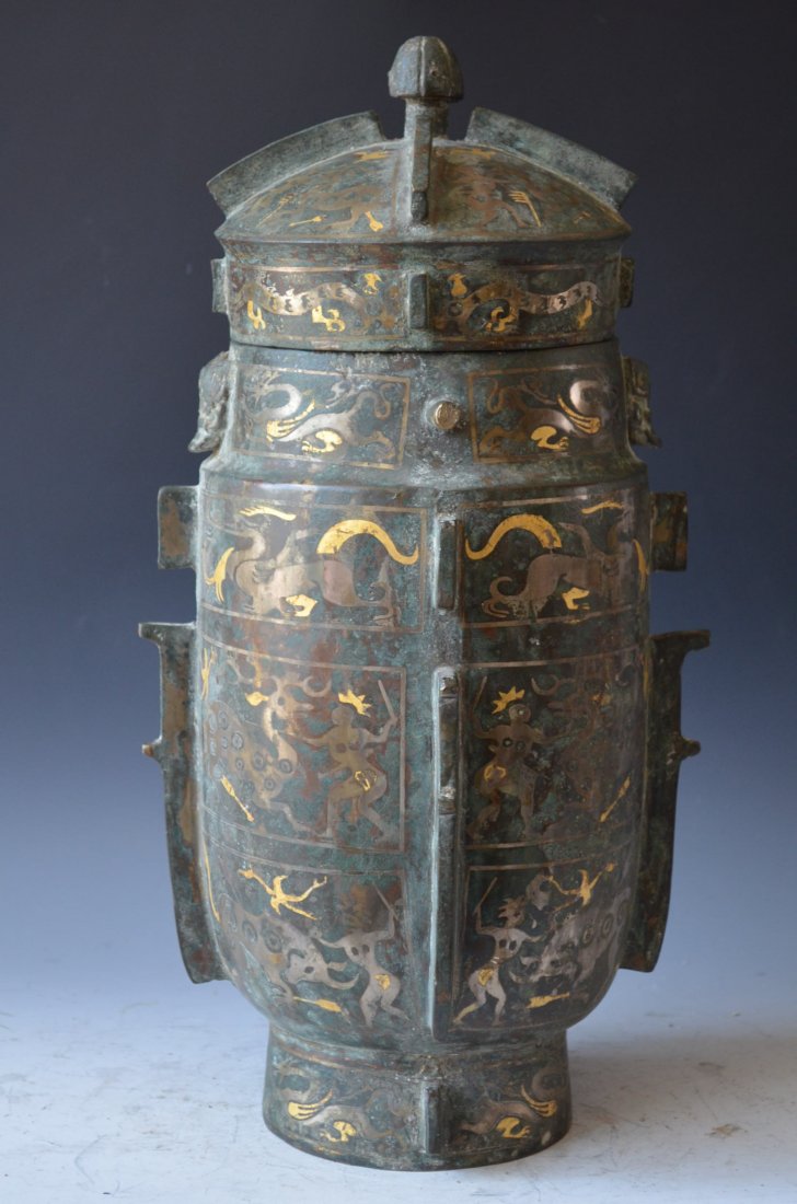 Chinese Archaic style Bronze Gold Inlaid Lidded Vessel: Chinese Archaic style Bronze Gold(we have not tested please don't ask what Karat) Inlaid Lidded Vessel, Multiple inlaid designs depicting men in combat with mythical creatures, Probably Shang Dynasty,