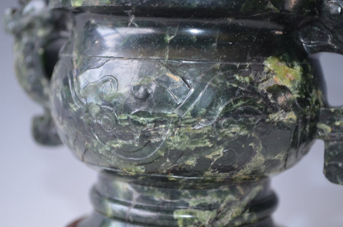 Chinese Carved Spinach Jade Incense Burner - 4