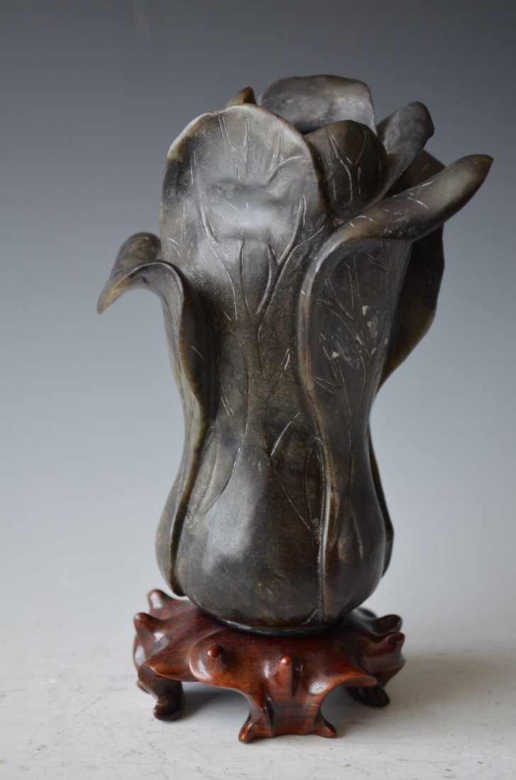 Chinese Carved Black/Ink Jade Cabbage on Wood Stand
