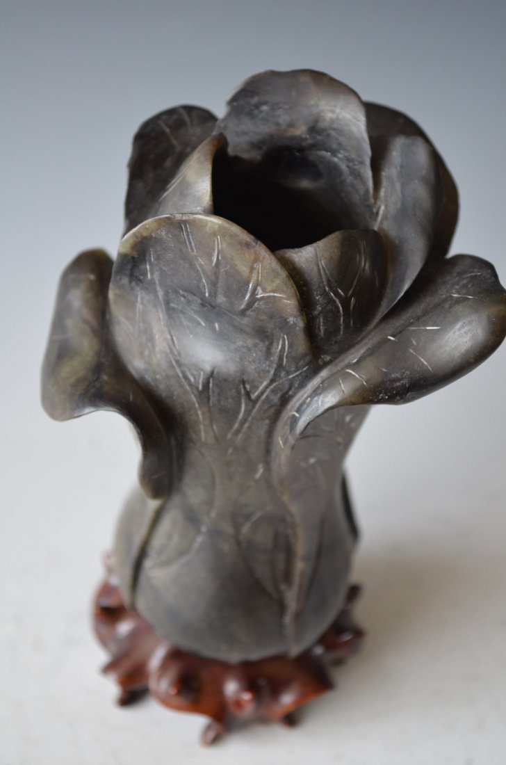 Chinese Carved Black/Ink Jade Cabbage on Wood Stand - 2