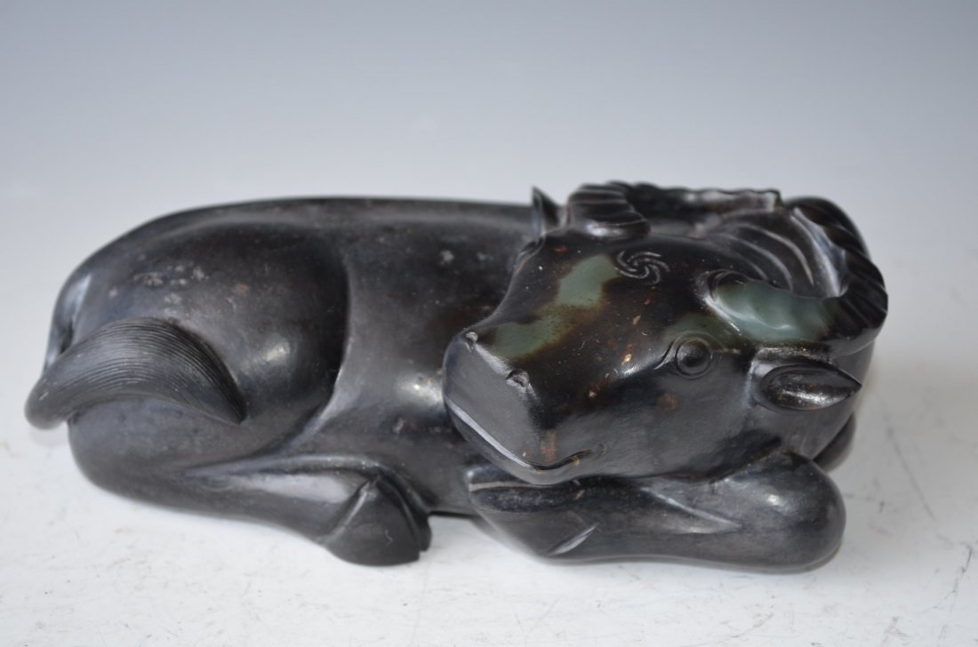 A Chinese Carved Black Ink Jade Water Buffalo