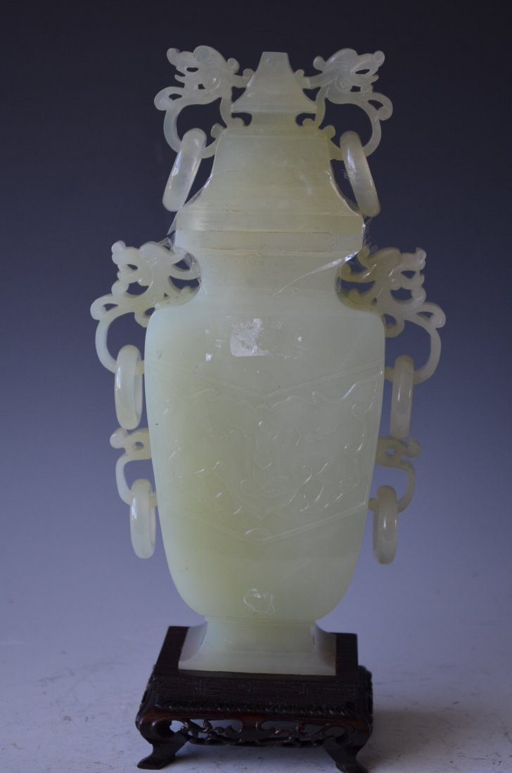 Chinese Carved Serpentine Lidded Vase - 6