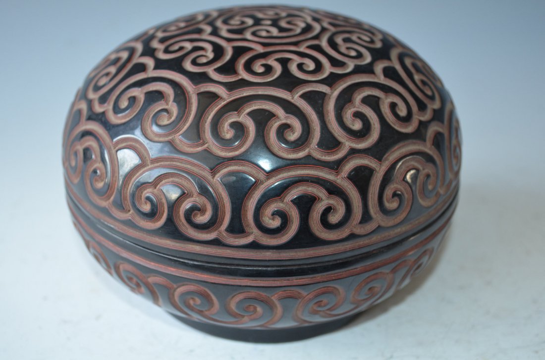 Chinese Carved Cinnabar Box: Chinese Carved Cinnabar Box. D: 6 Inches