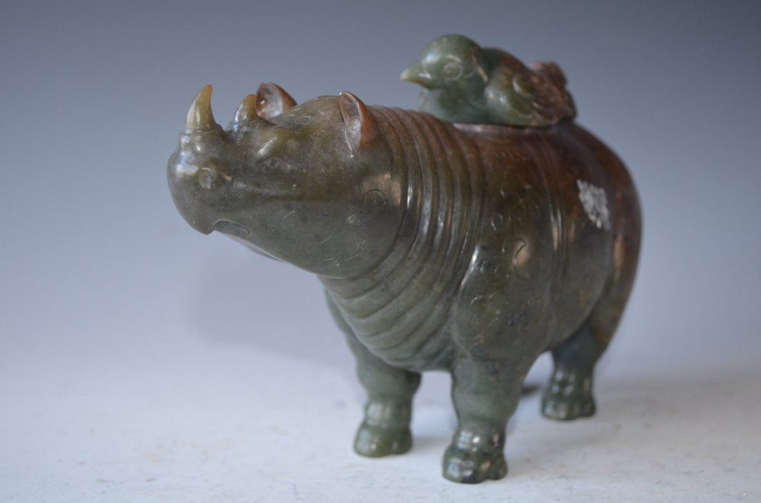 Chinese Carved Green Jade Model of A Rhino - 3