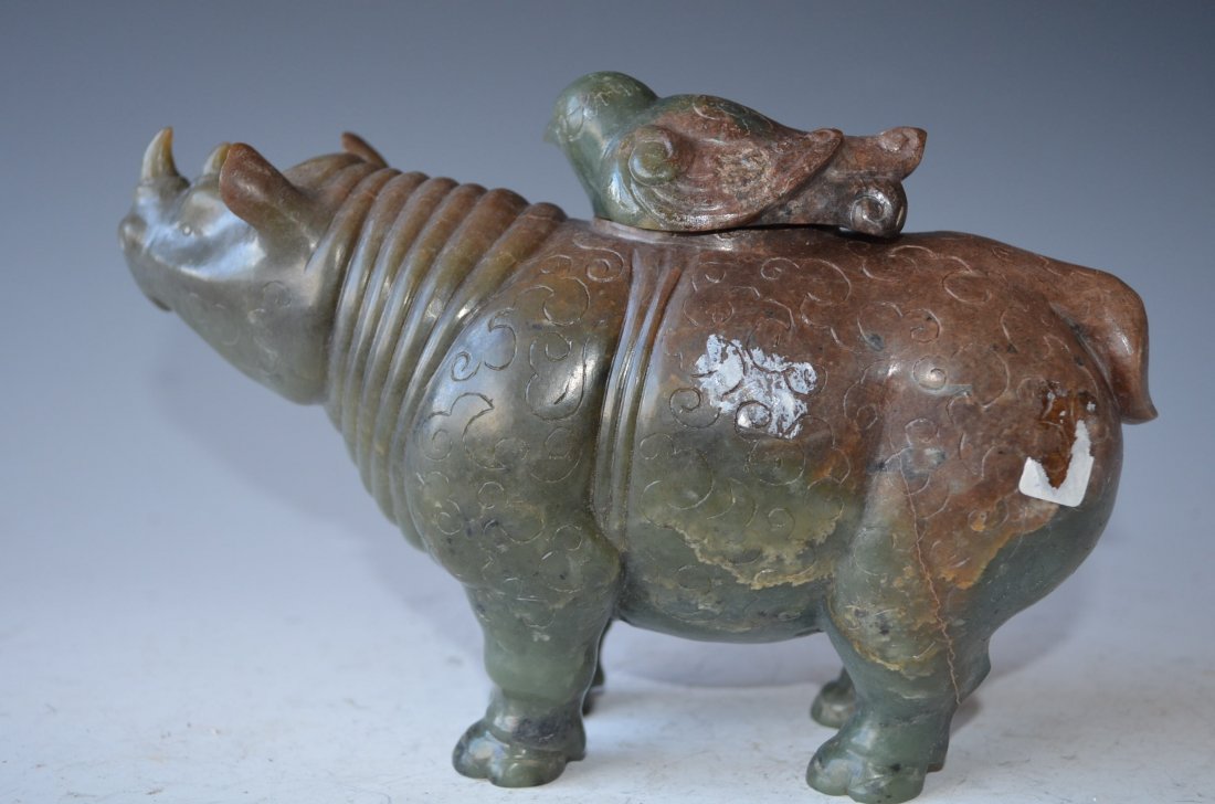 Chinese Carved Green Jade Model of A Rhino - 4
