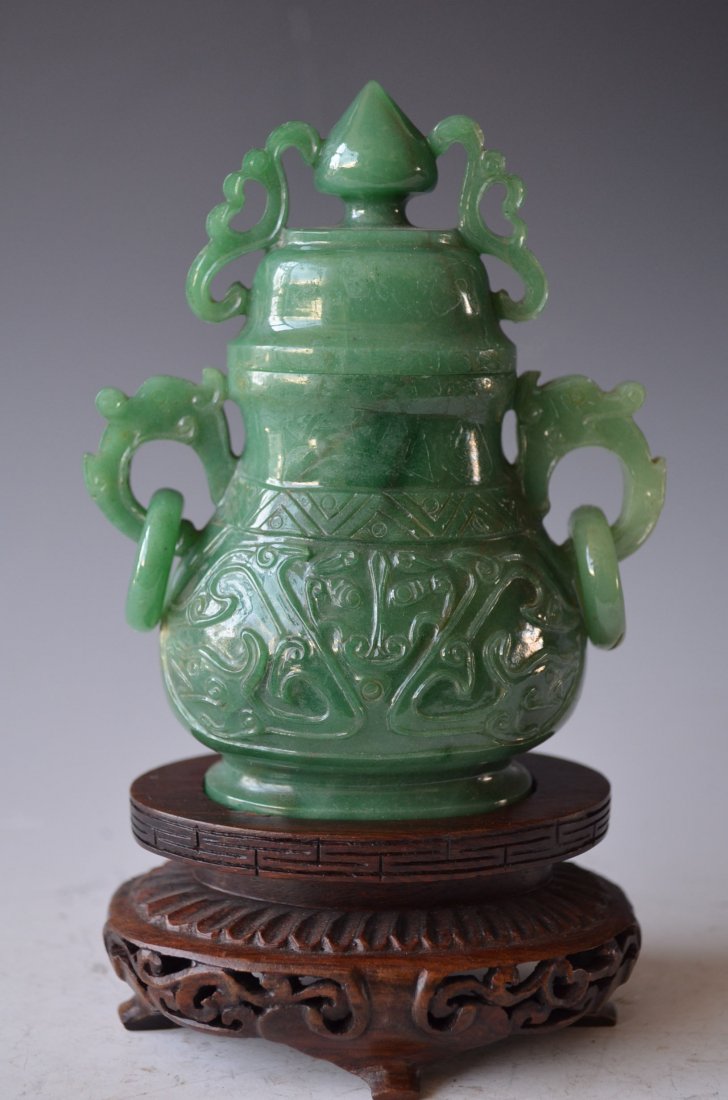 Chinese Carved Green Jade Lidded Vase & Wood Stand