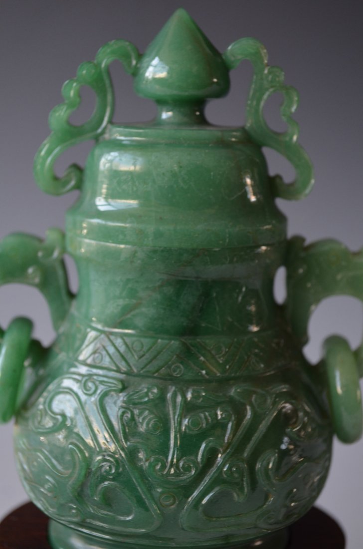 Chinese Carved Green Jade Lidded Vase & Wood Stand - 2