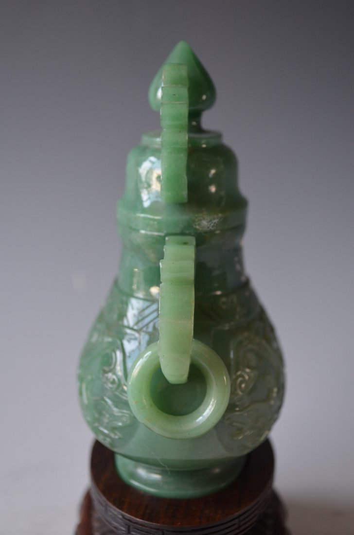 Chinese Carved Green Jade Lidded Vase & Wood Stand - 3