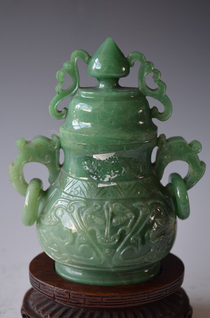 Chinese Carved Green Jade Lidded Vase & Wood Stand - 4