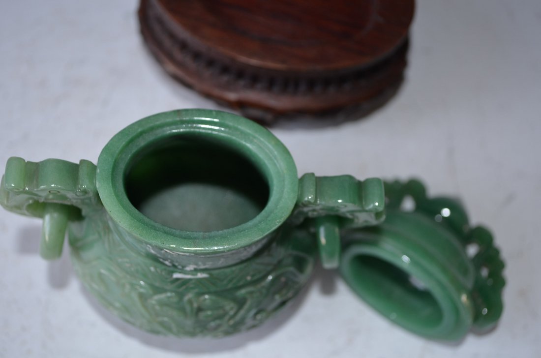 Chinese Carved Green Jade Lidded Vase & Wood Stand - 5