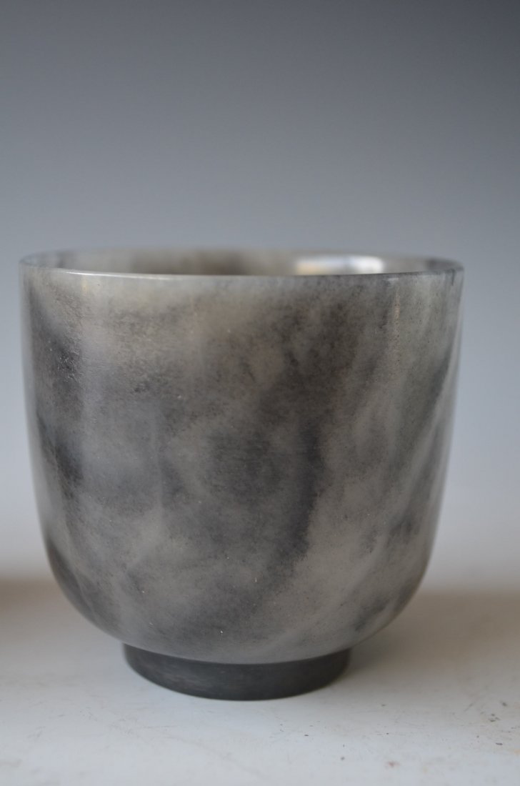 Pair of Chinese Carved Black Ink Jade Cups - 3