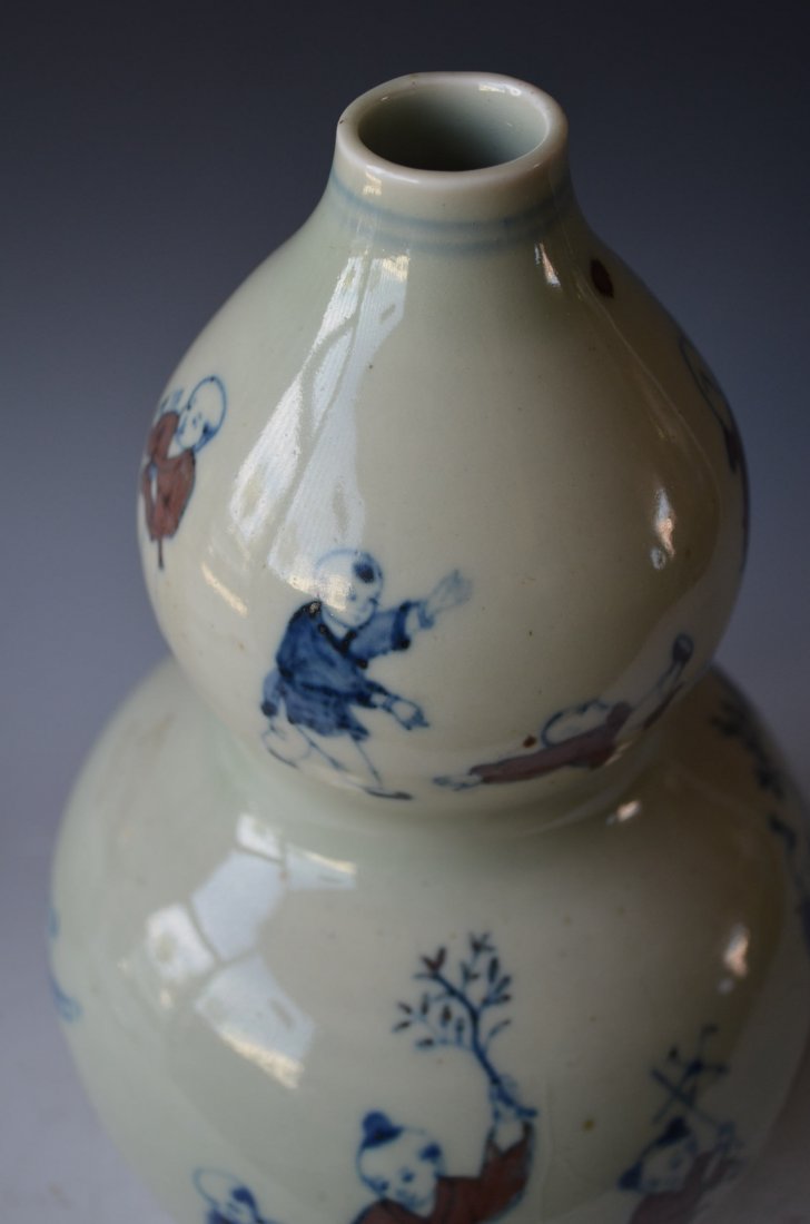 Chinese Porcelain Blue & Red Glazed Vase with Children - 2