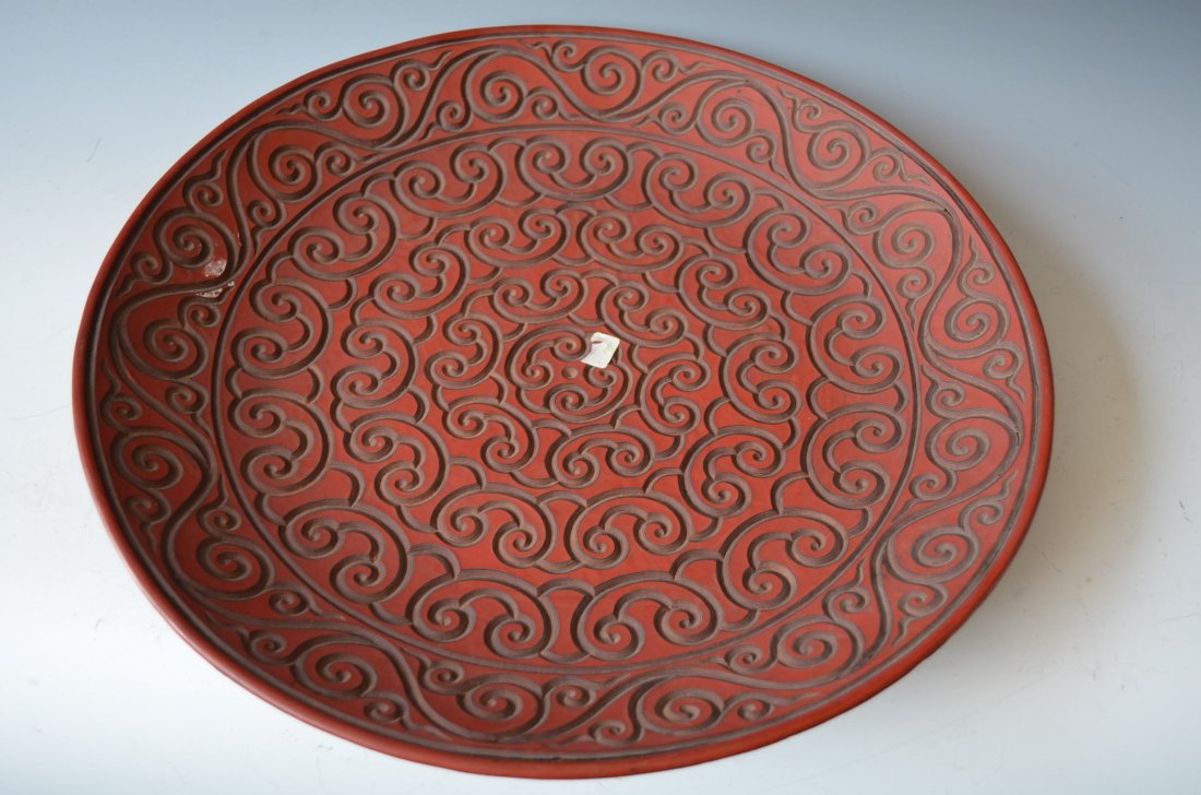 Large Chinese Carved Red Cinnabar Plate