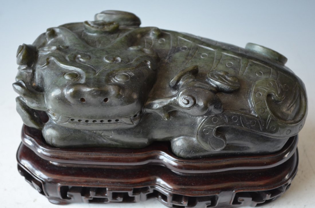Chinese Carved Old Green Jade Beast & Matching Wood Bas