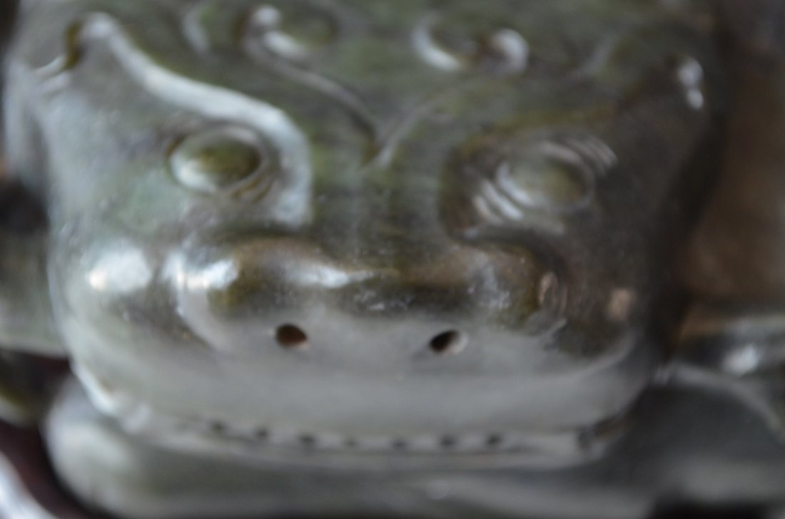 Chinese Carved Old Green Jade Beast & Matching Wood Bas - 2