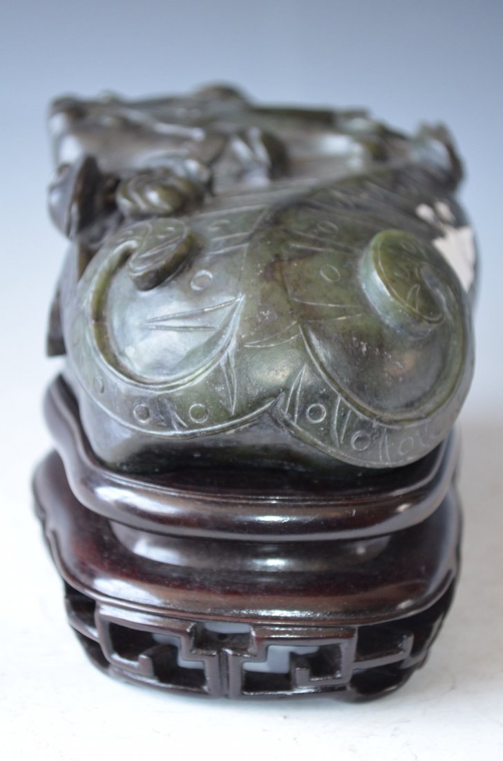 Chinese Carved Old Green Jade Beast & Matching Wood Bas - 4