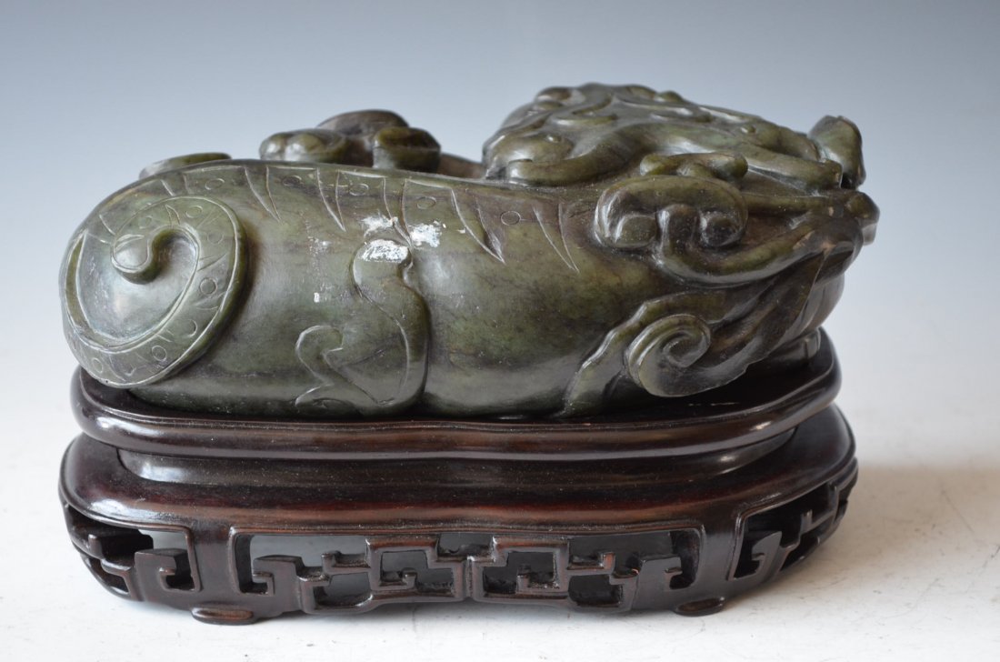 Chinese Carved Old Green Jade Beast & Matching Wood Bas - 5