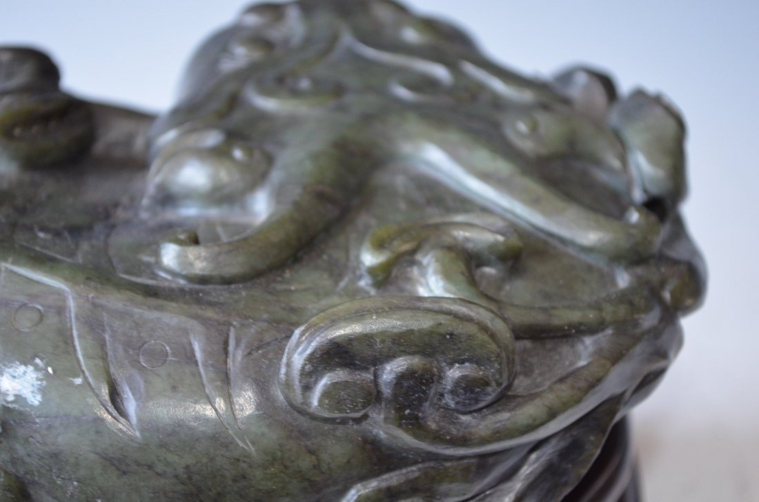 Chinese Carved Old Green Jade Beast & Matching Wood Bas - 6