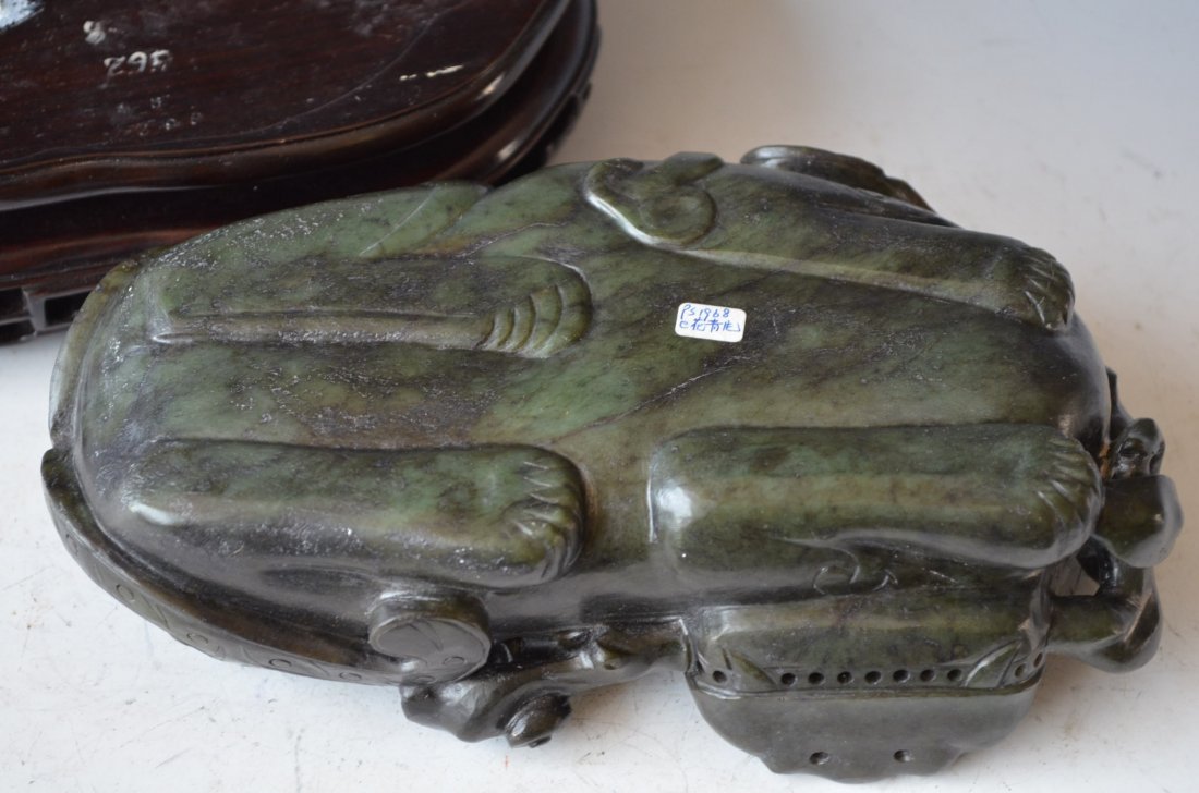 Chinese Carved Old Green Jade Beast & Matching Wood Bas - 7