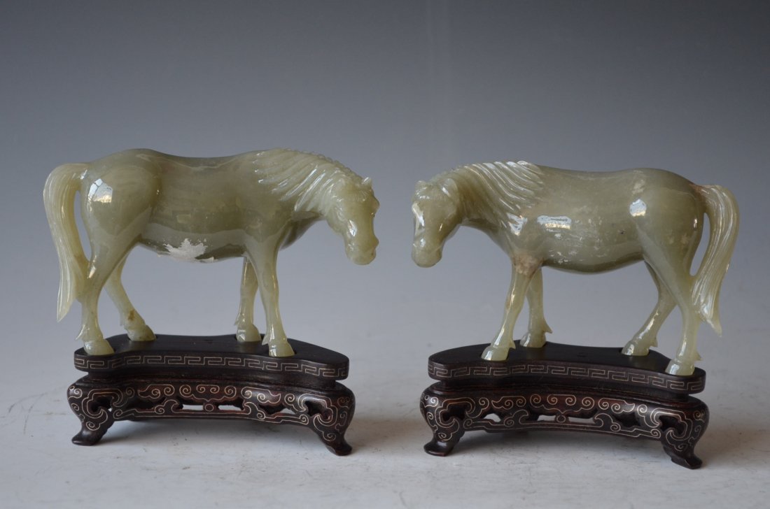 Pair of Chinese Celadon/White Jade Model of Horses & Wo