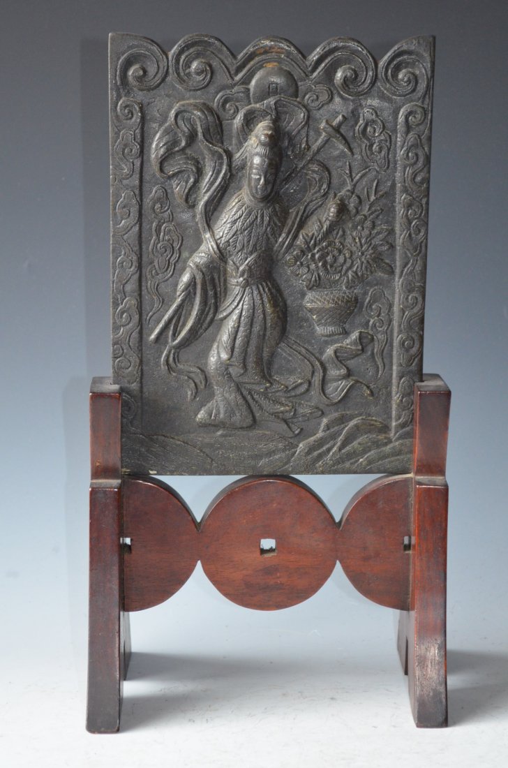 Bronze Chinese Plaque with Figurine