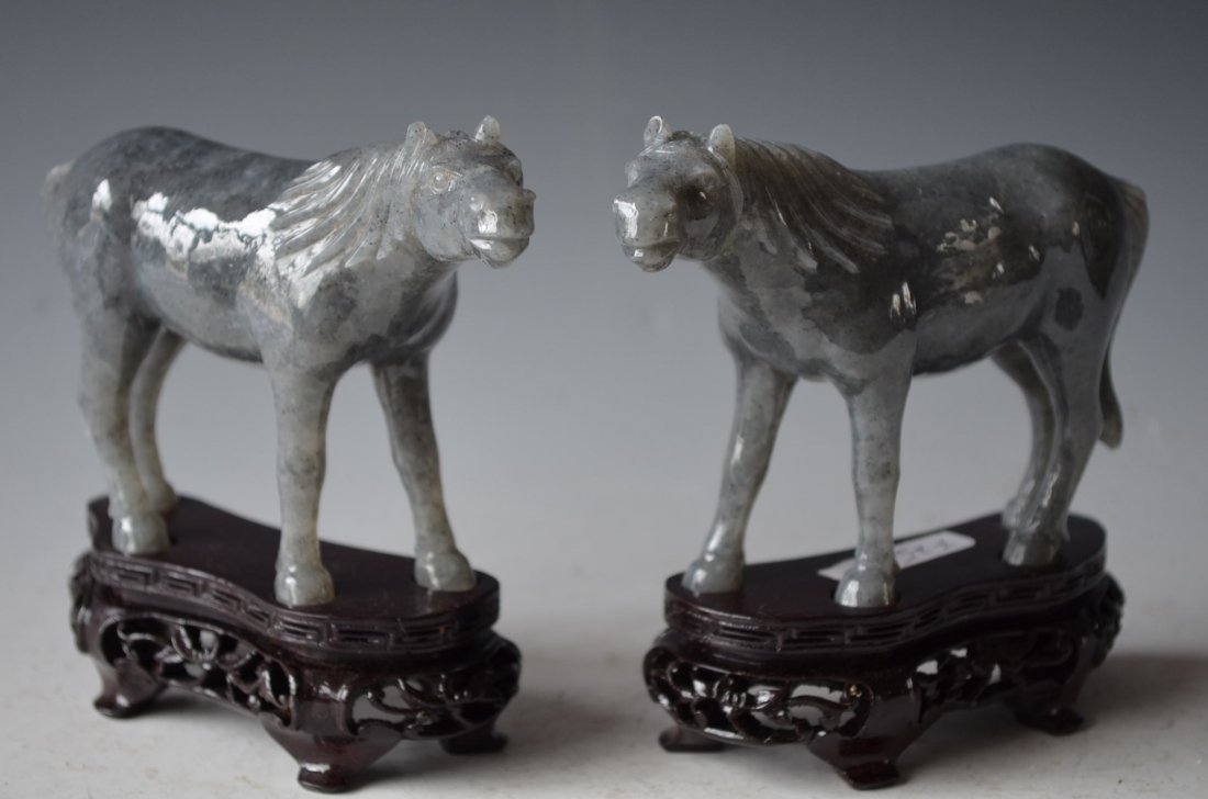 Pair of Chinese Carved Ink Jade Model of Horses & Wood 