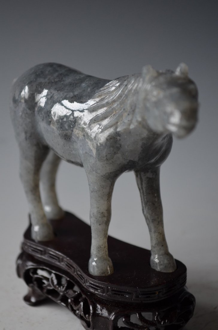 Pair of Chinese Carved Ink Jade Model of Horses & Wood  - 2