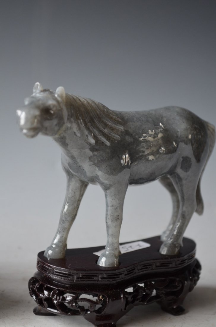 Pair of Chinese Carved Ink Jade Model of Horses & Wood  - 3