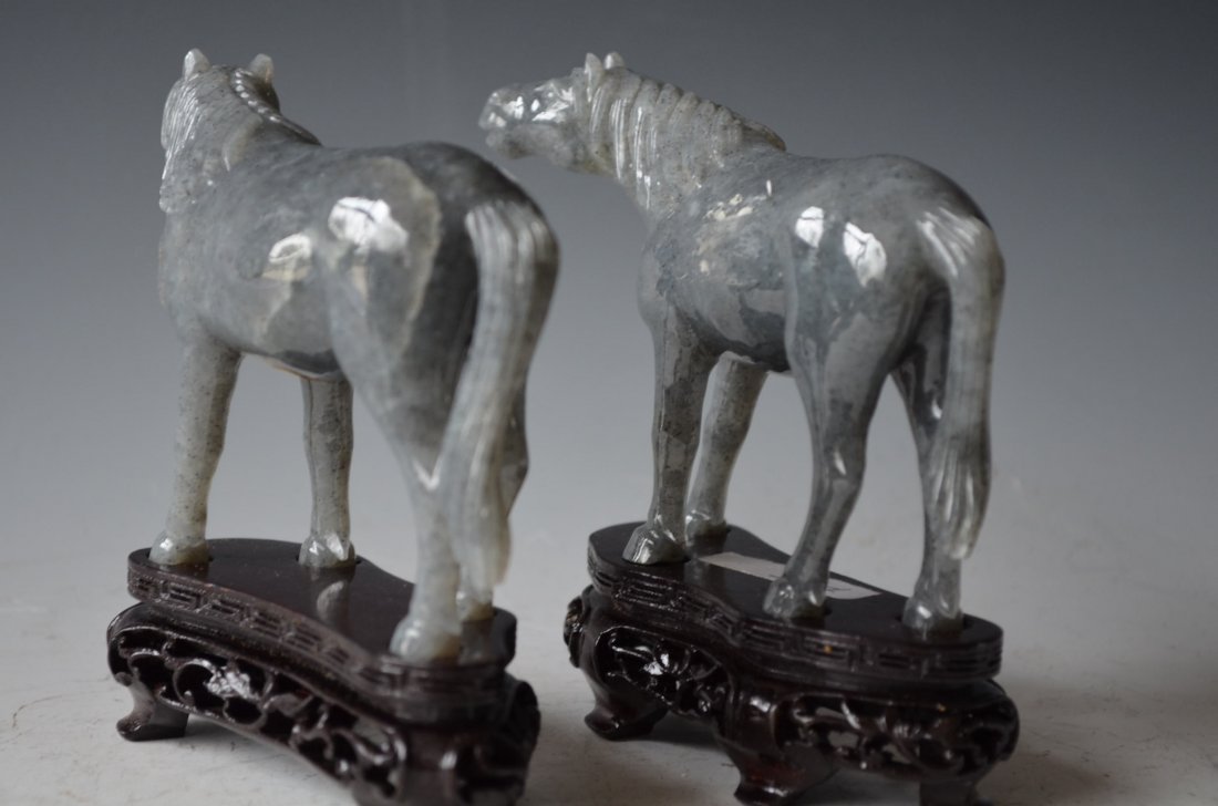 Pair of Chinese Carved Ink Jade Model of Horses & Wood  - 6