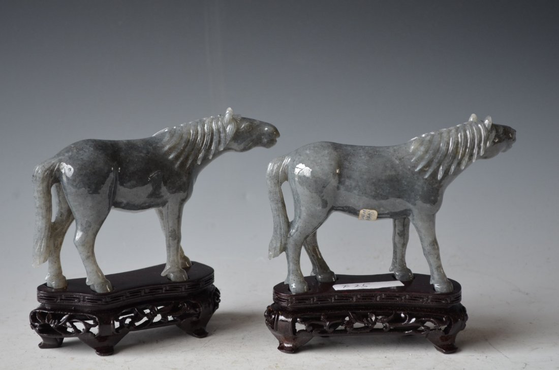 Pair of Chinese Carved Ink Jade Model of Horses & Wood  - 7