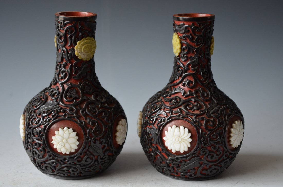 Pair of Chinese Carved Cinnabar Vases