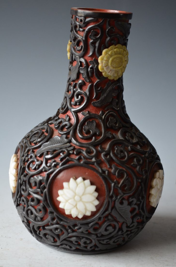 Pair of Chinese Carved Cinnabar Vases - 2