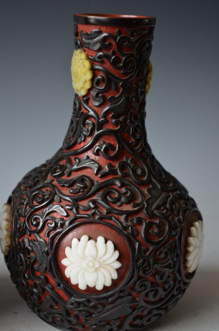 Pair of Chinese Carved Cinnabar Vases - 3