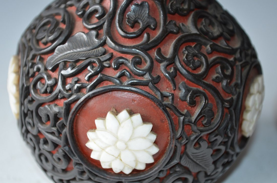 Pair of Chinese Carved Cinnabar Vases - 5