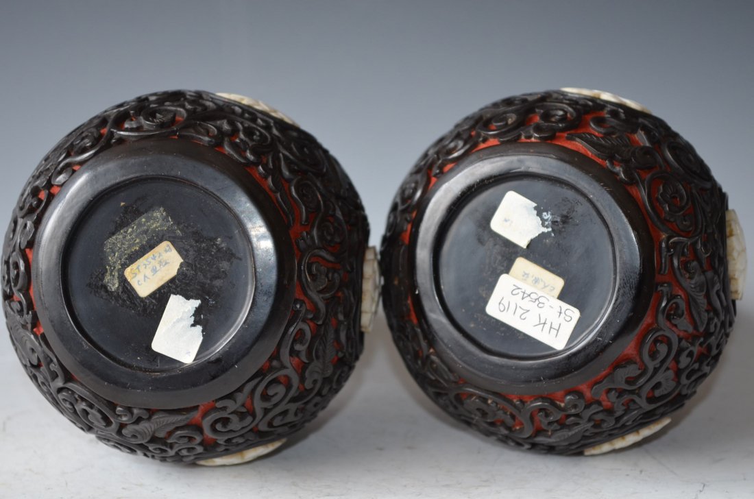 Pair of Chinese Carved Cinnabar Vases - 7