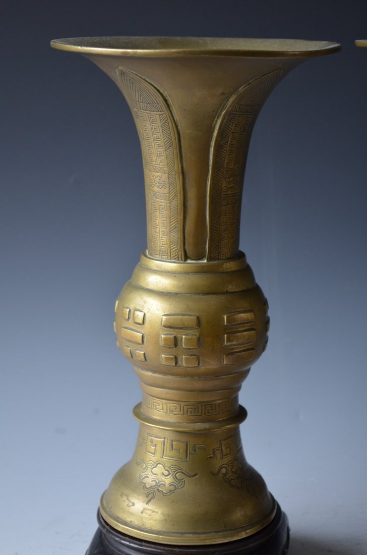 Pair of Chinese Bronze Vases on Matched Wood Bases - 4
