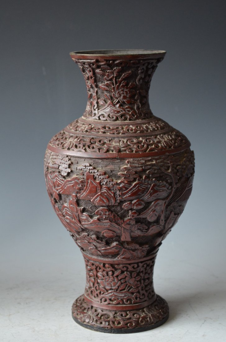 Antique Carved Chinese Cinnabar Vase: Antique Carved Chinese Cinnabar Vase. H: 10 Inches