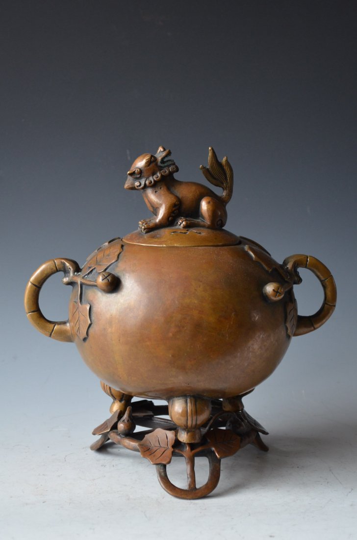 Chinese Bronze Lidded Tripod Urn & Tripod Base
