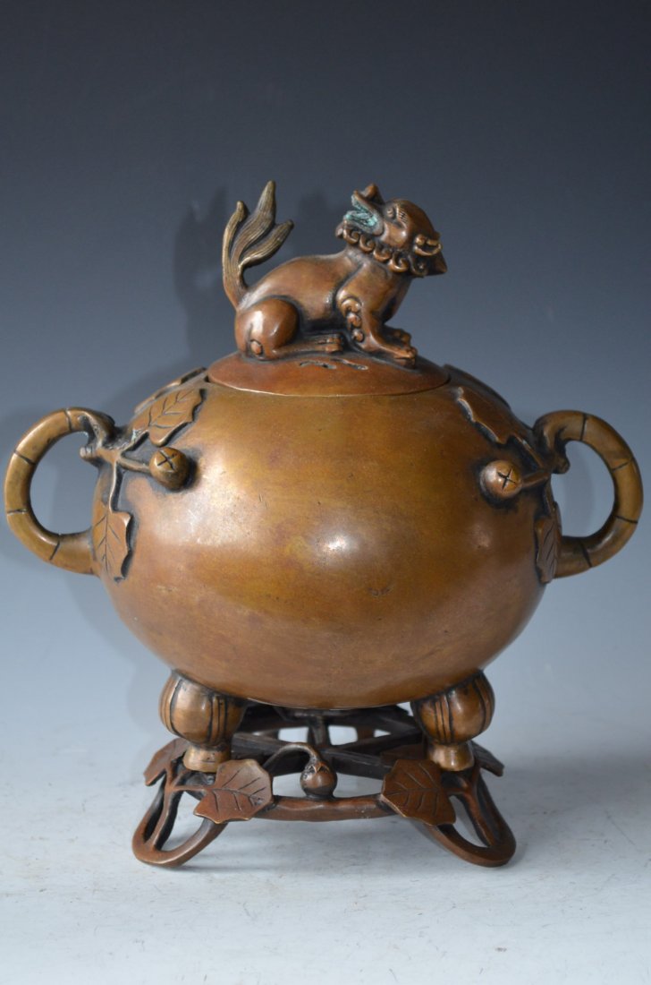 Chinese Bronze Lidded Tripod Urn & Tripod Base - 5