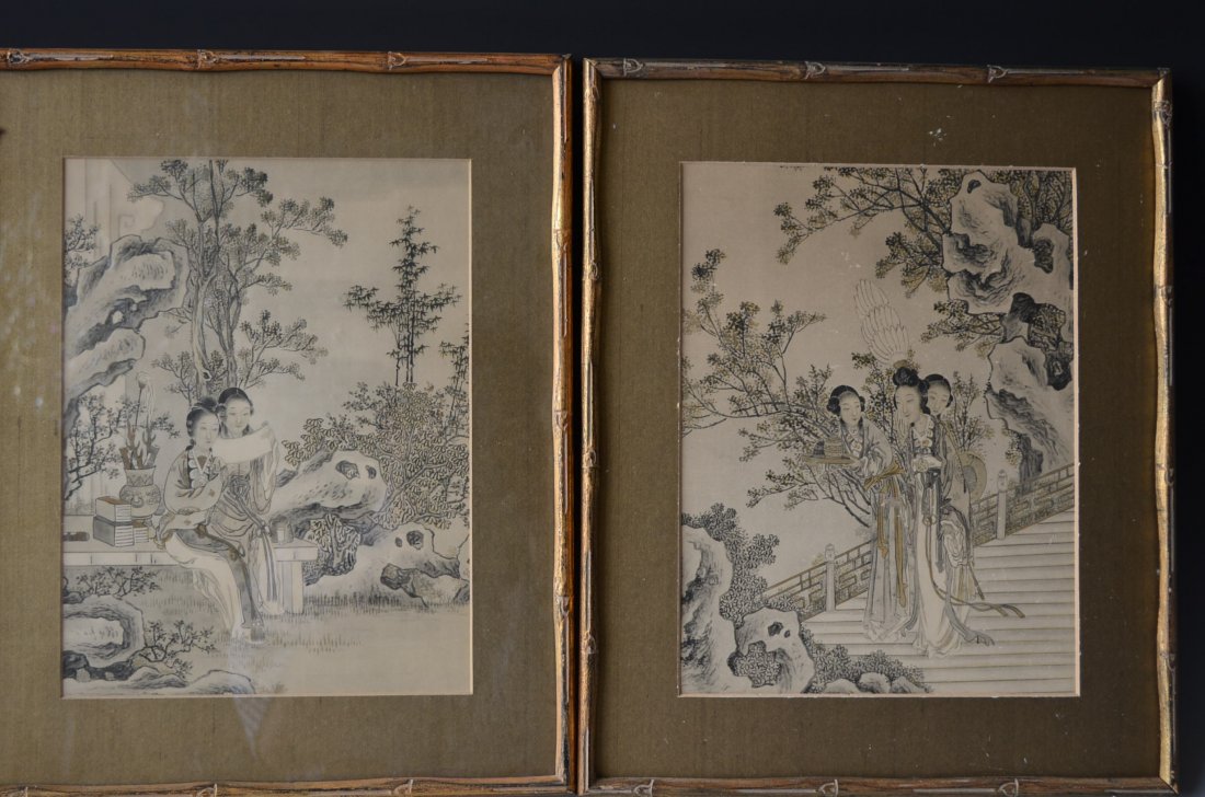 Pair of Chinese Framed Prints of Ladies in a Courtyard