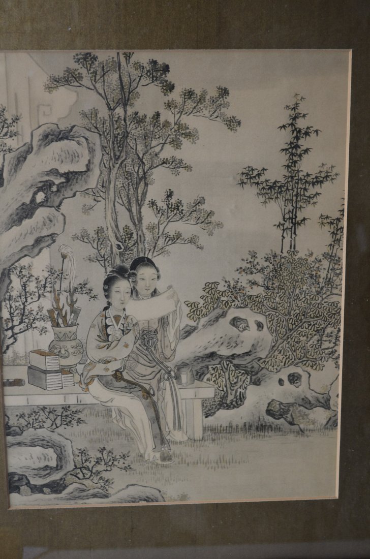 Pair of Chinese Framed Prints of Ladies in a Courtyard - 2