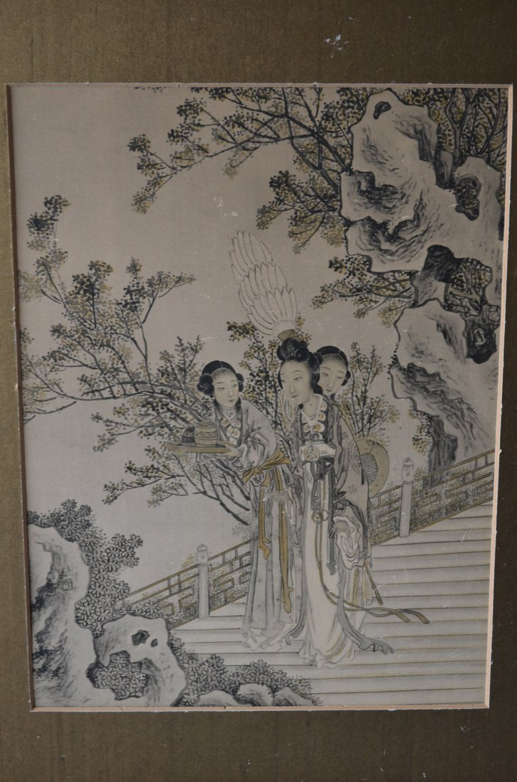 Pair of Chinese Framed Prints of Ladies in a Courtyard - 3